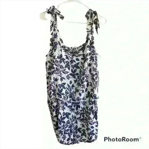 C & E white, blue, and purple leaf print romper with tie straps size large NWT